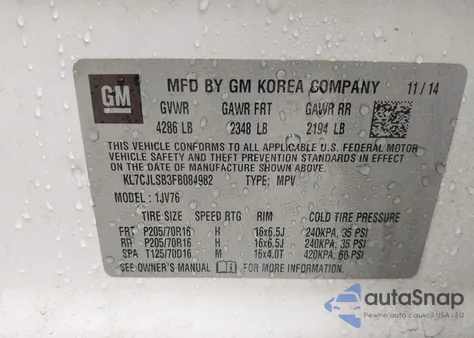 2015 Chevrolet Trax Lt z USA, uszkodzony, nr VIN KL7CJLSB3FB084982